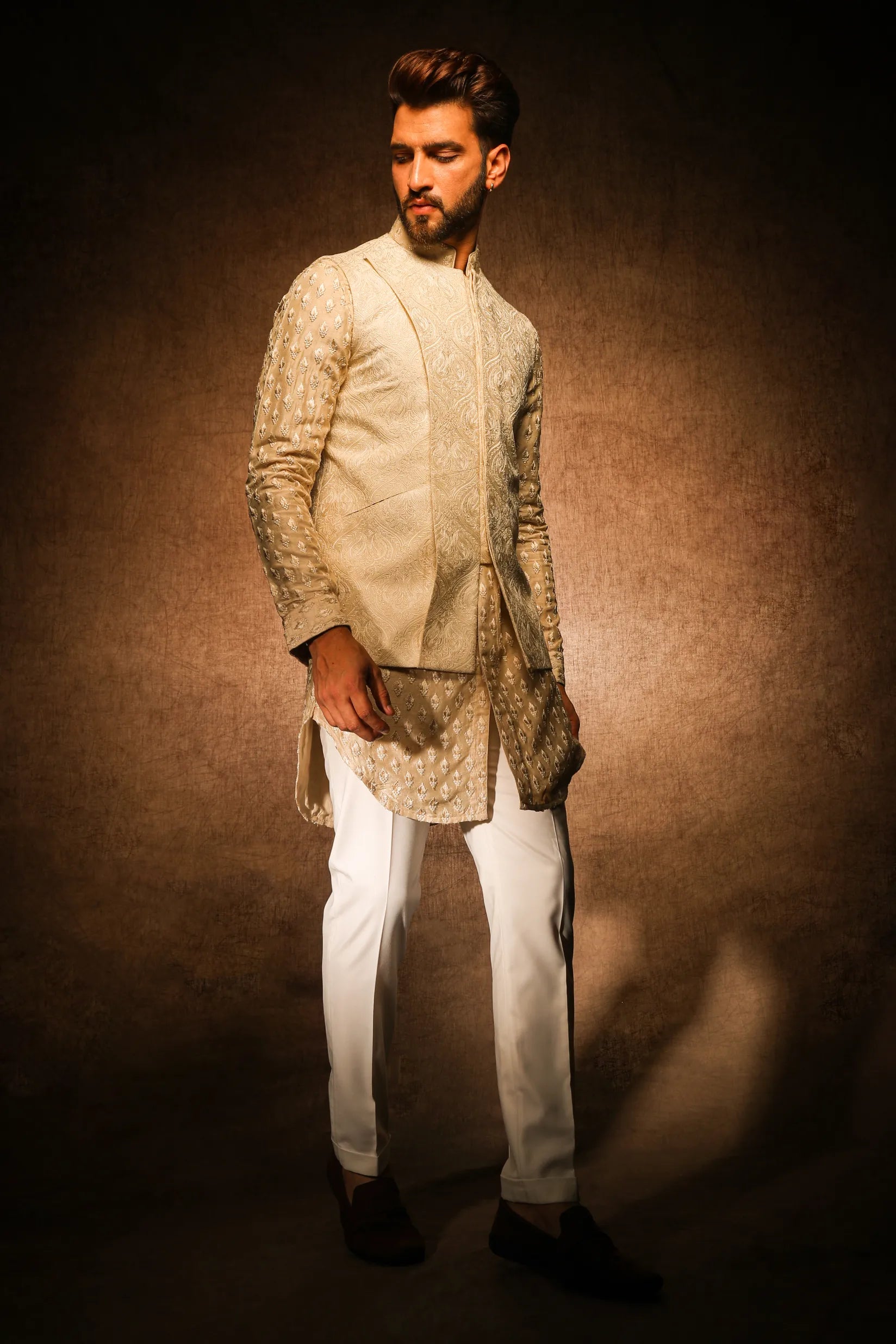 Radiant Elegance: The Char Chaand Ensemble - Nehru Jacket with Yellow Kurta